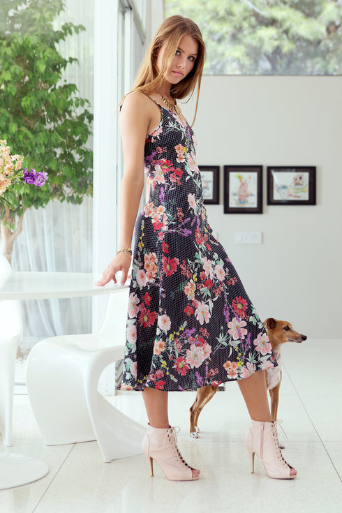 Shalom "Fishnet Floral" Bias Cut Silk Slip Dress